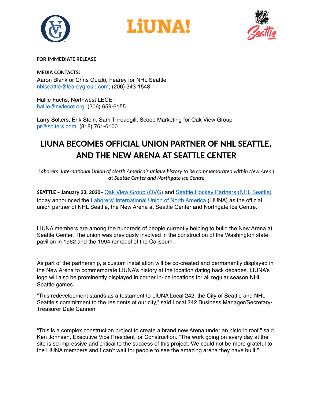 Download NHL Seattle LIUNA Press Release.Pdf