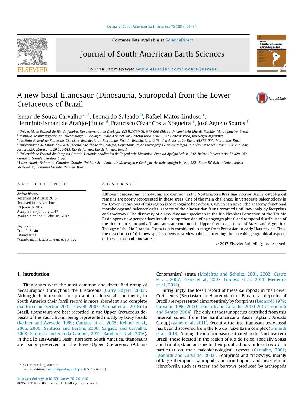 A New Basal Titanosaur (Dinosauria, Sauropoda) from the Lower Cretaceous of Brazil