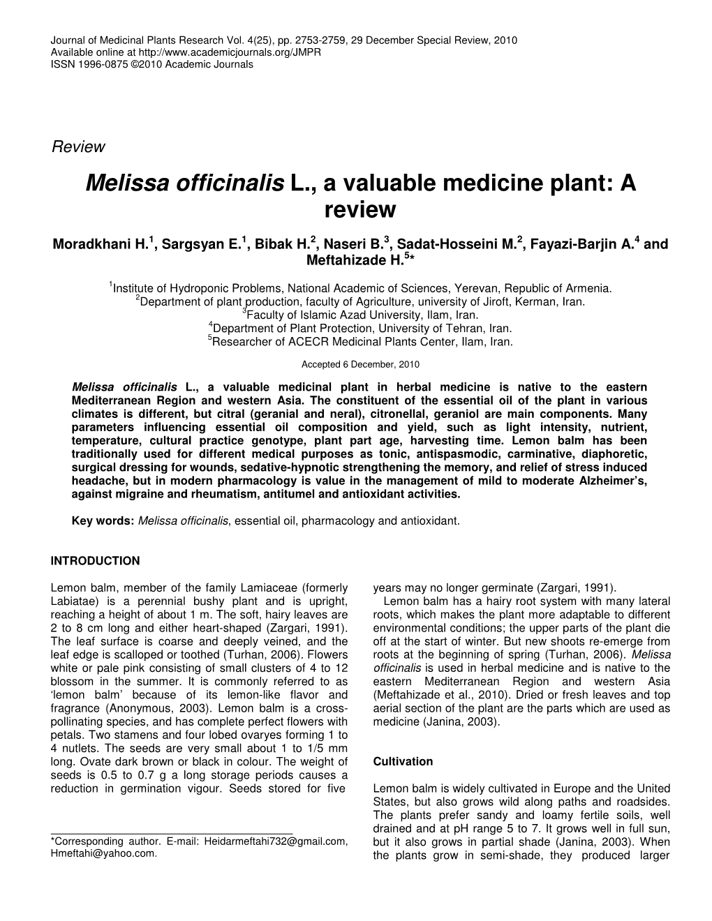 Melissa Officinalis L., a Valuable Medicine Plant: a Review