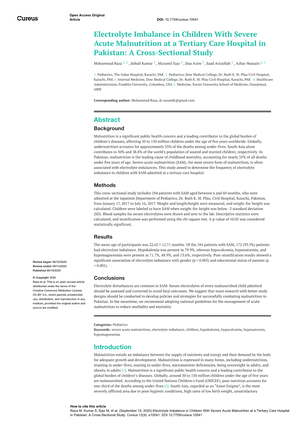 Electrolyte Imbalance in Children with Severe Acute Malnutrition at a Tertiary Care Hospital in Pakistan: a Cross-Sectional Study