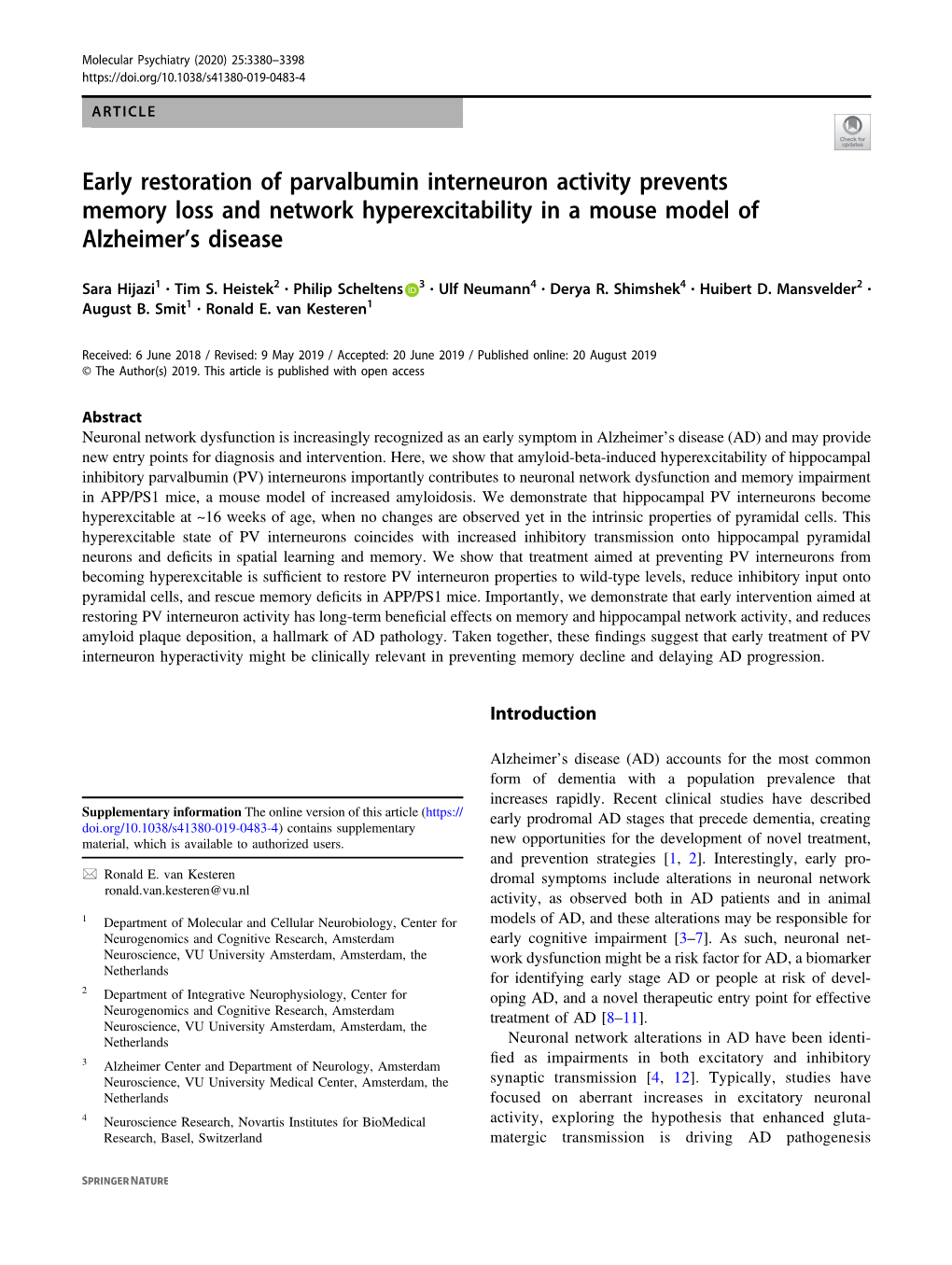 Early Restoration of Parvalbumin Interneuron Activity Prevents Memory Loss and Network Hyperexcitability in a Mouse Model of Alzheimer’S Disease