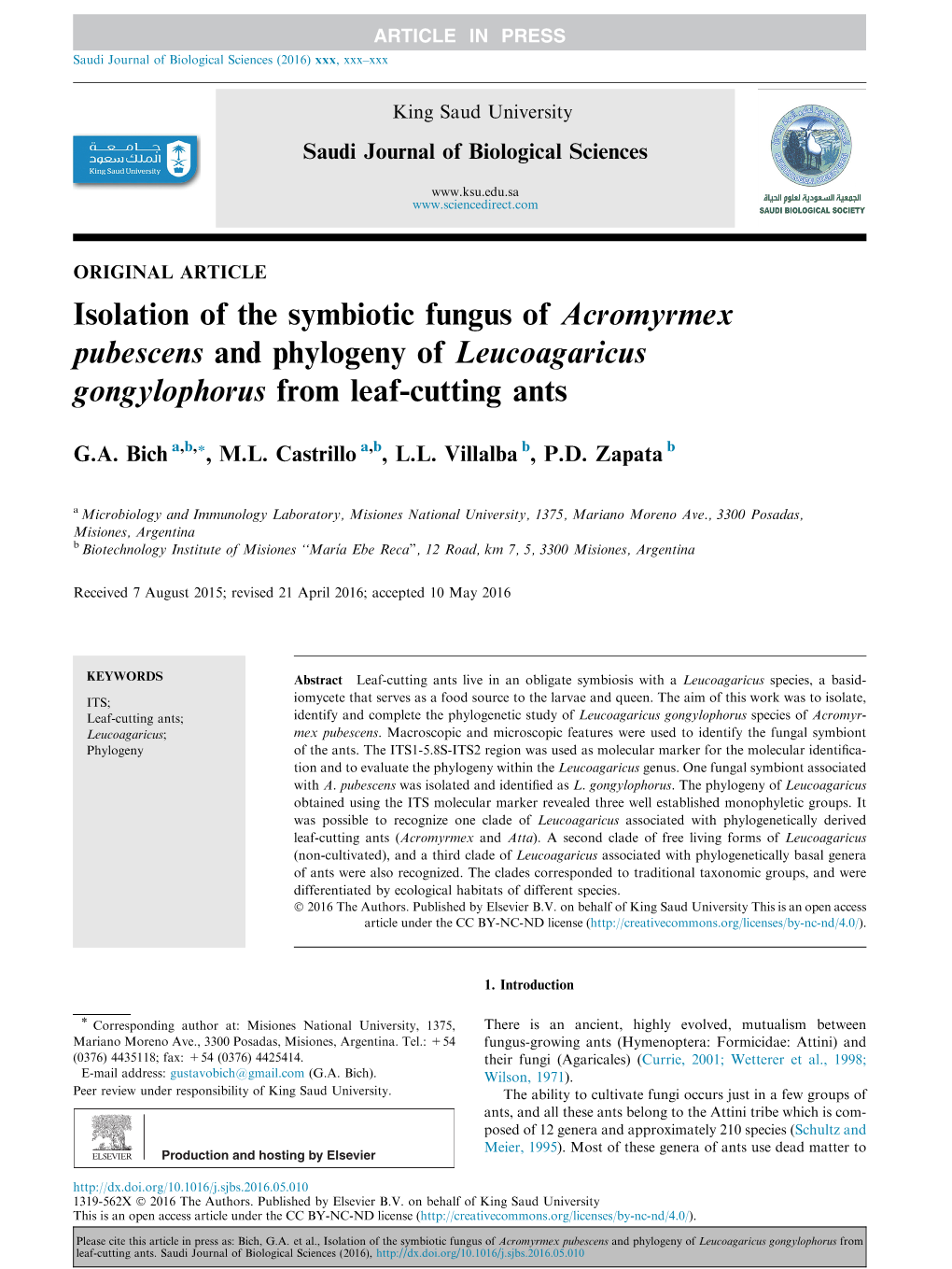 Isolation of the Symbiotic Fungus of Acromyrmex Pubescens and Phylogeny of Leucoagaricus Gongylophorus from Leaf-Cutting Ants