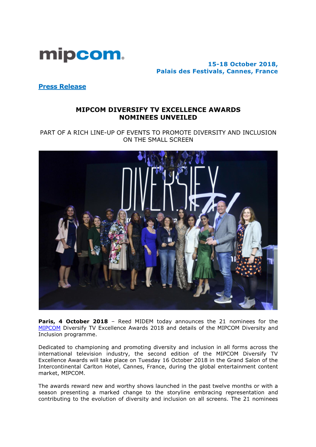 Press Release MIPCOM DIVERSIFY TV EXCELLENCE AWARDS