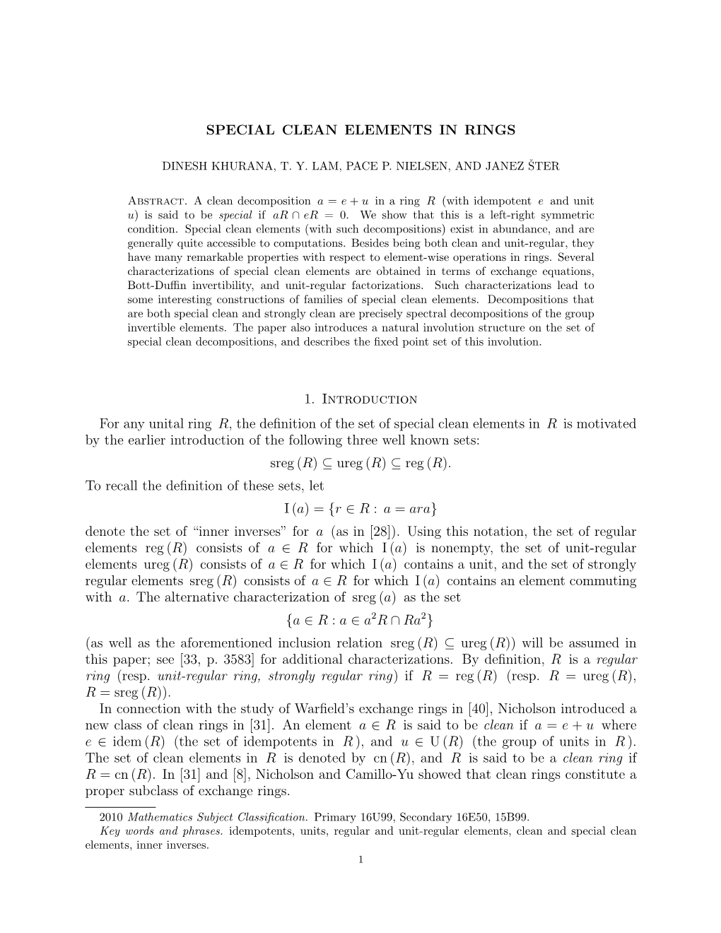 SPECIAL CLEAN ELEMENTS in RINGS 1. Introduction for Any Unital