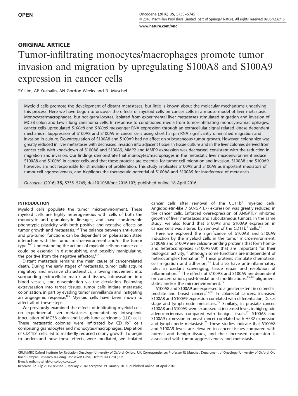 Tumor-Infiltrating Monocytes/Macrophages Promote Tumor Invasion and Migration by Upregulating S100A8 and S100A9 Expression in Ca