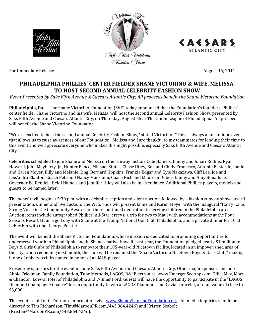 Philadelphia Phillies' Center Fielder Shane Victorino & Wife, Melissa, to Host Second Annual Celebrity Fashion Show