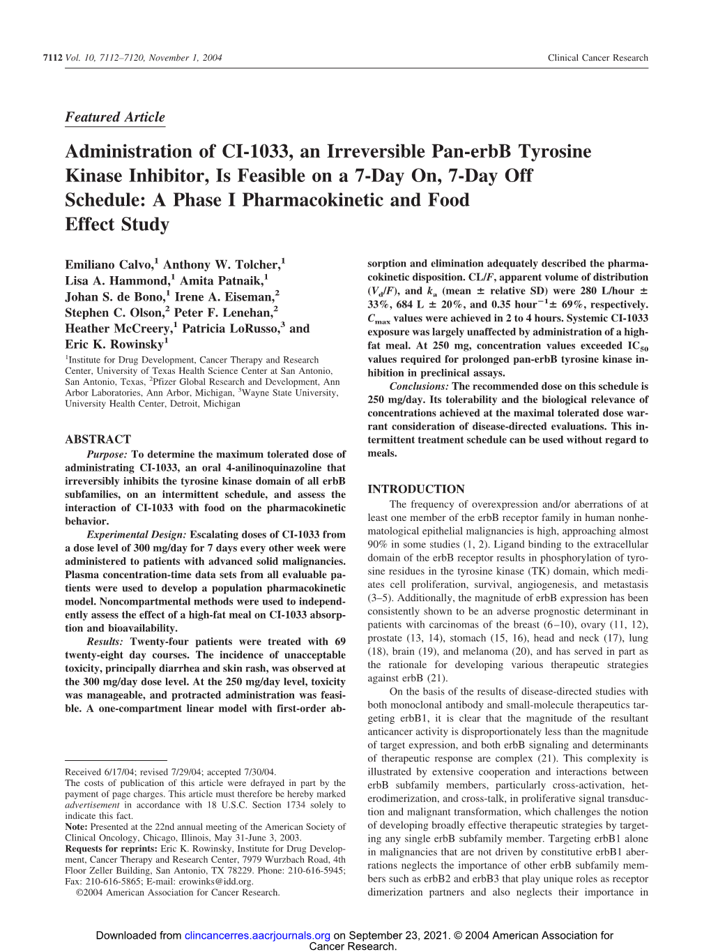 Administration of CI-1033, an Irreversible Pan-Erbb Tyrosine