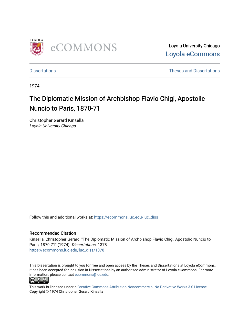 The Diplomatic Mission of Archbishop Flavio Chigi, Apostolic Nuncio to Paris, 1870-71