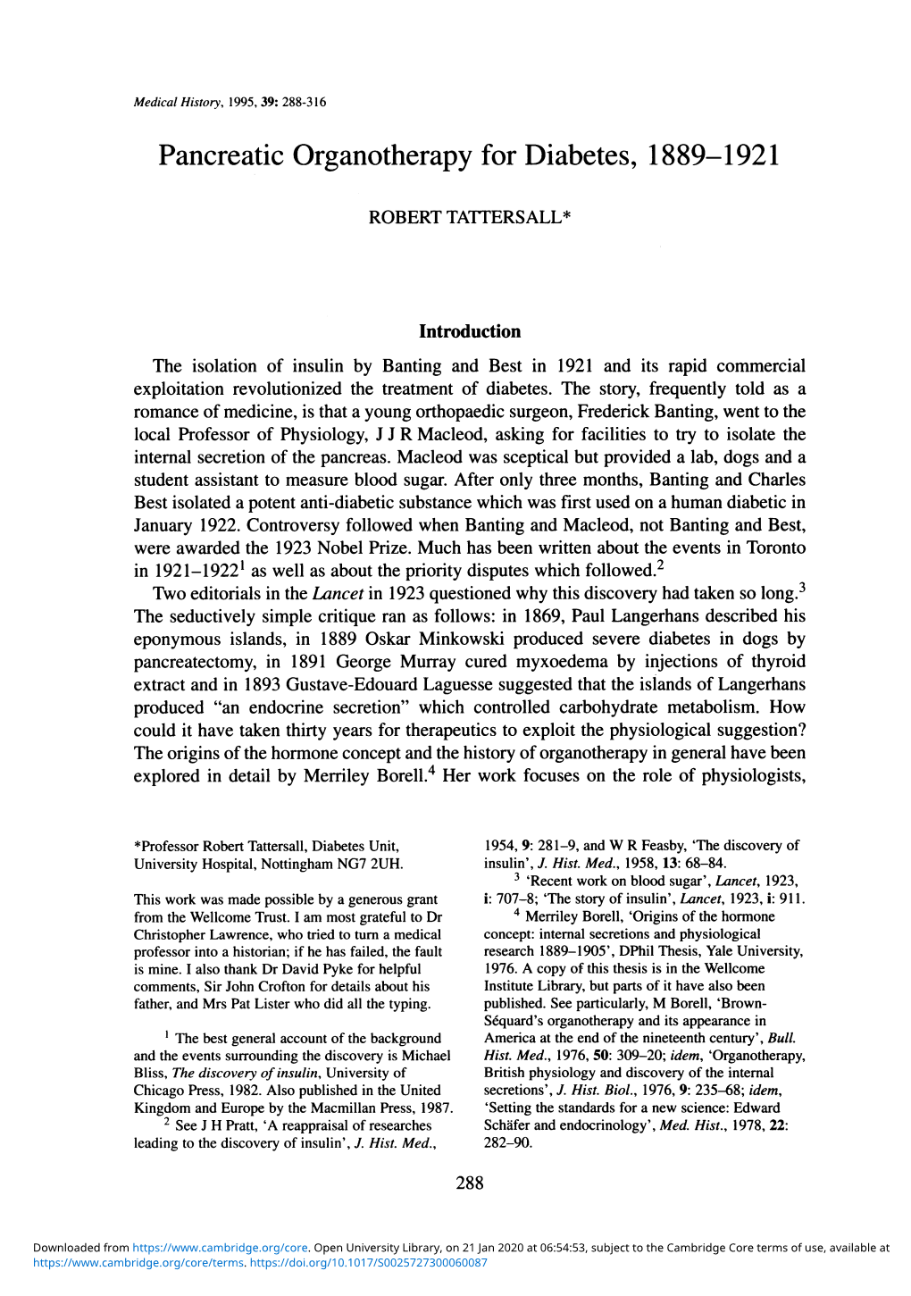 Pancreatic Organotherapy for Diabetes, 1889-1921