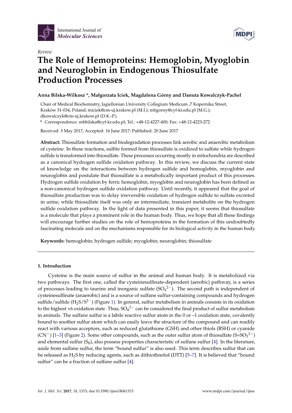 Hemoglobin, Myoglobin and Neuroglobin in Endogenous Thiosulfate Production Processes