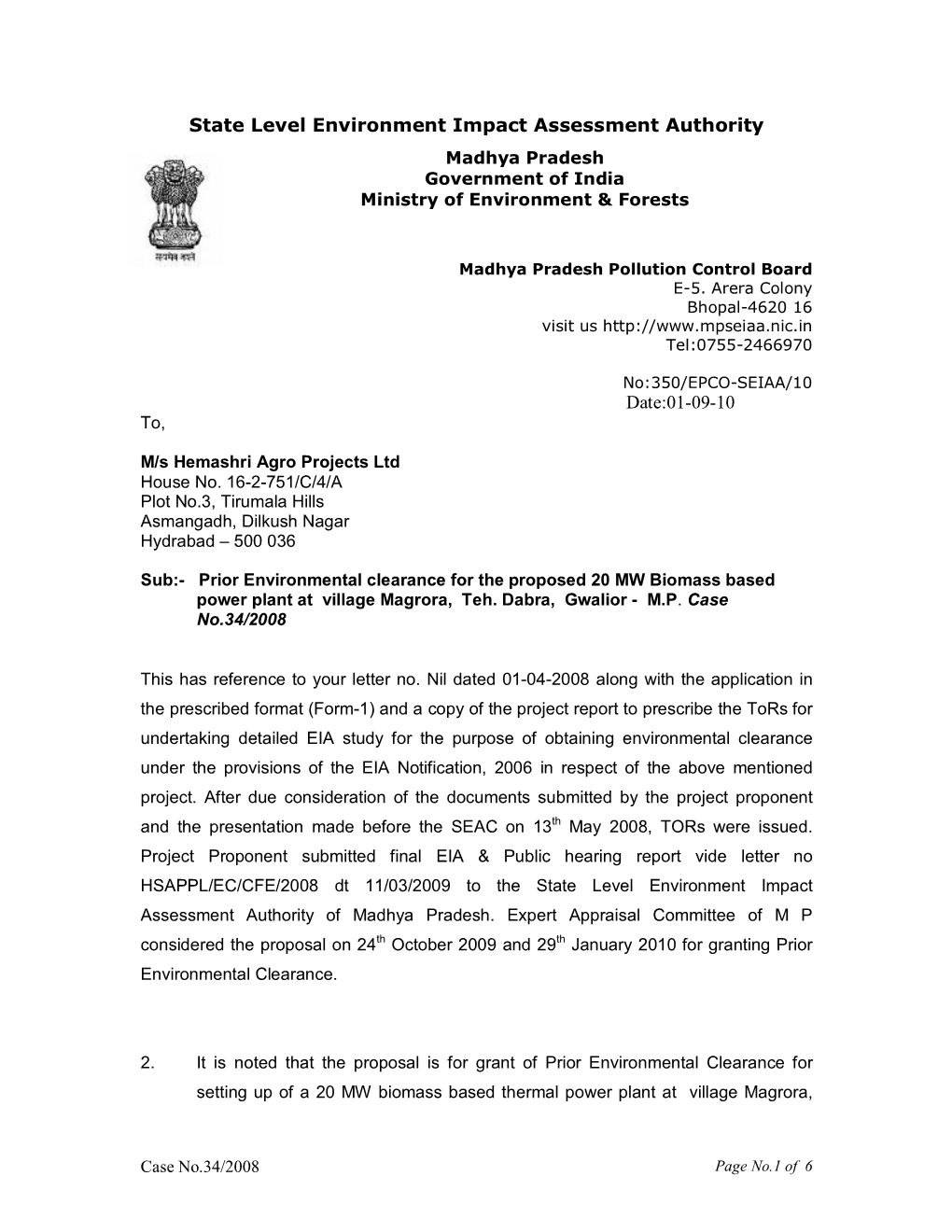 State Level Environment Impact Assessment Authority Date:010910