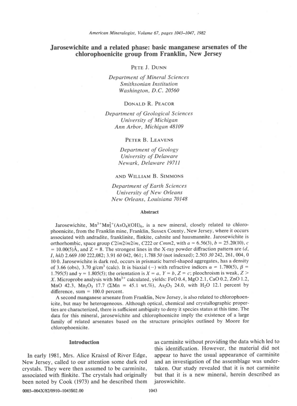 Jarosewichite and a Related Phase: Basic Manganese Arsenates of the Chlorophoenicite Group from Franklin, New Jersey