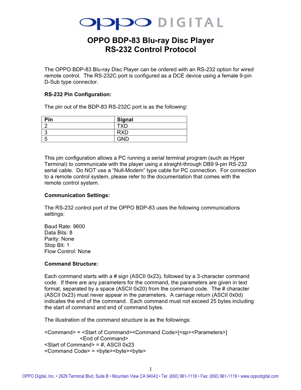 BDP83 RS232 Protocol