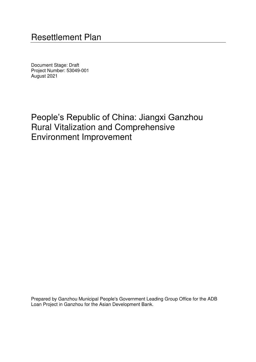 Resettlement Plan People's Republic of China: Jiangxi Ganzhou Rural