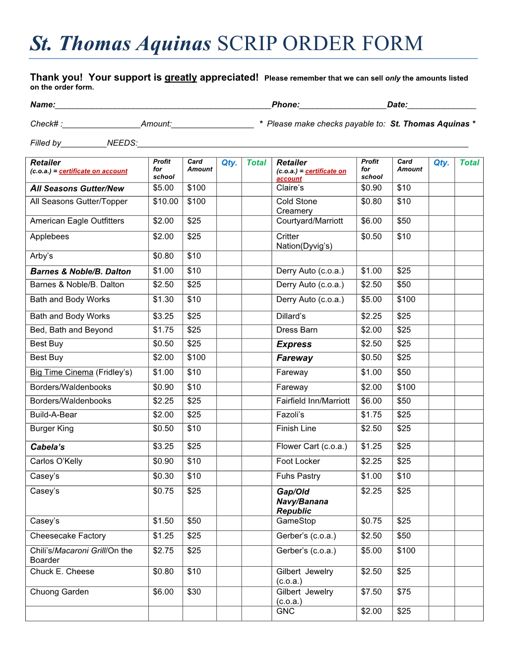 Scrip Order Form