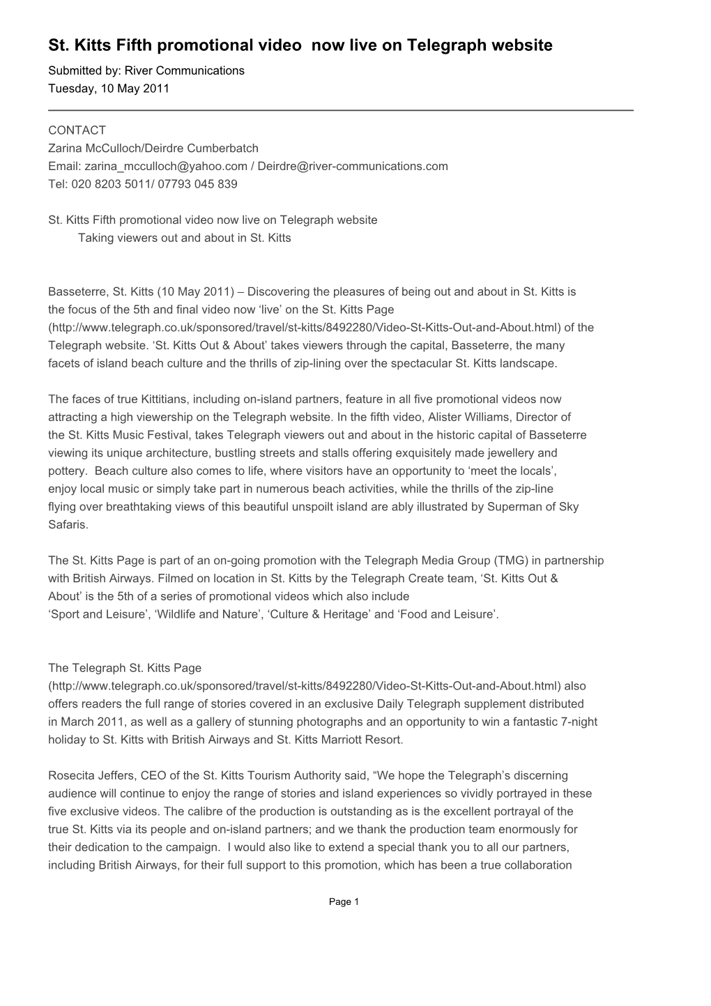 St. Kitts Fifth Promotional Video Now Live on Telegraph Website Submitted By: River Communications Tuesday, 10 May 2011