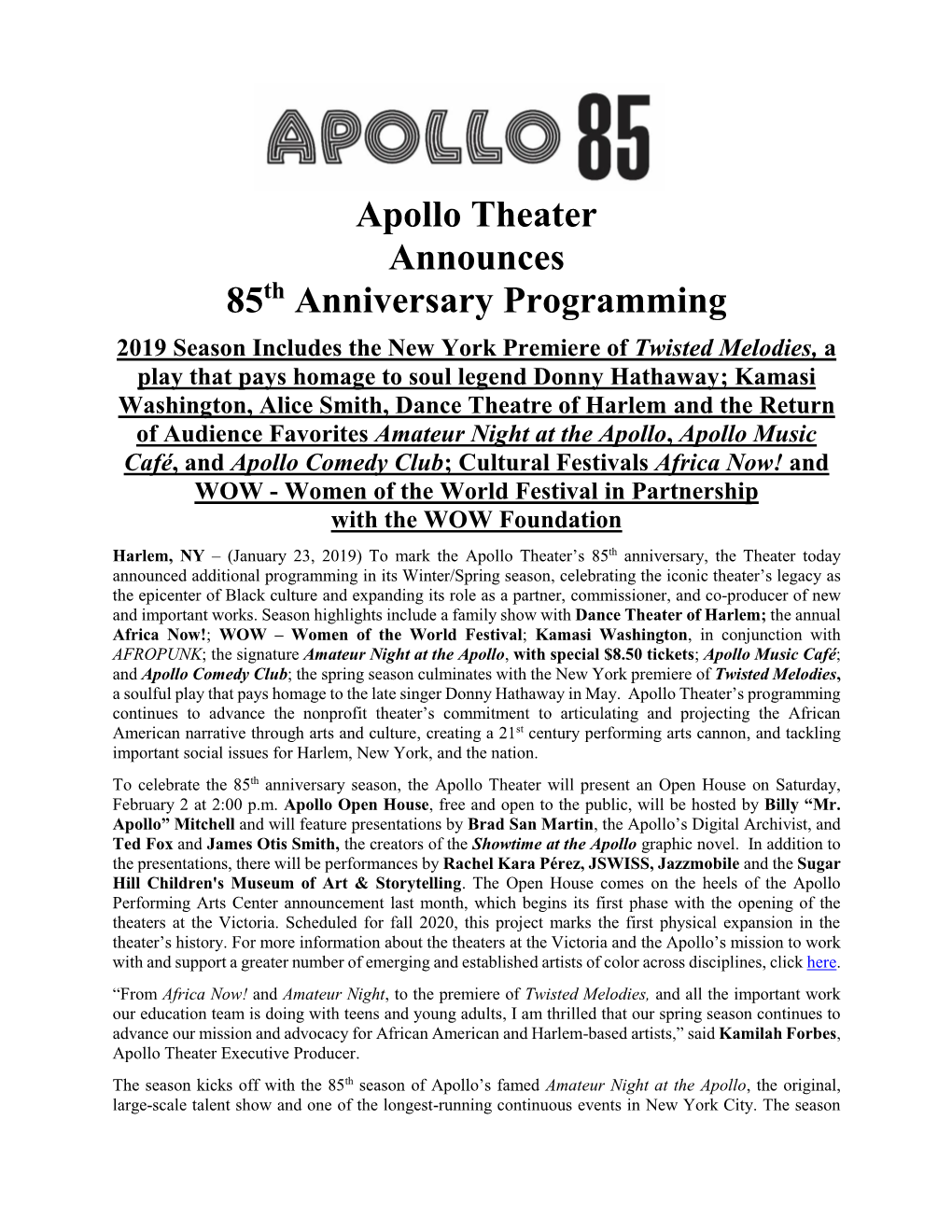 Apollo Theater Announces 85Th Anniversary Programming for Spring 2019