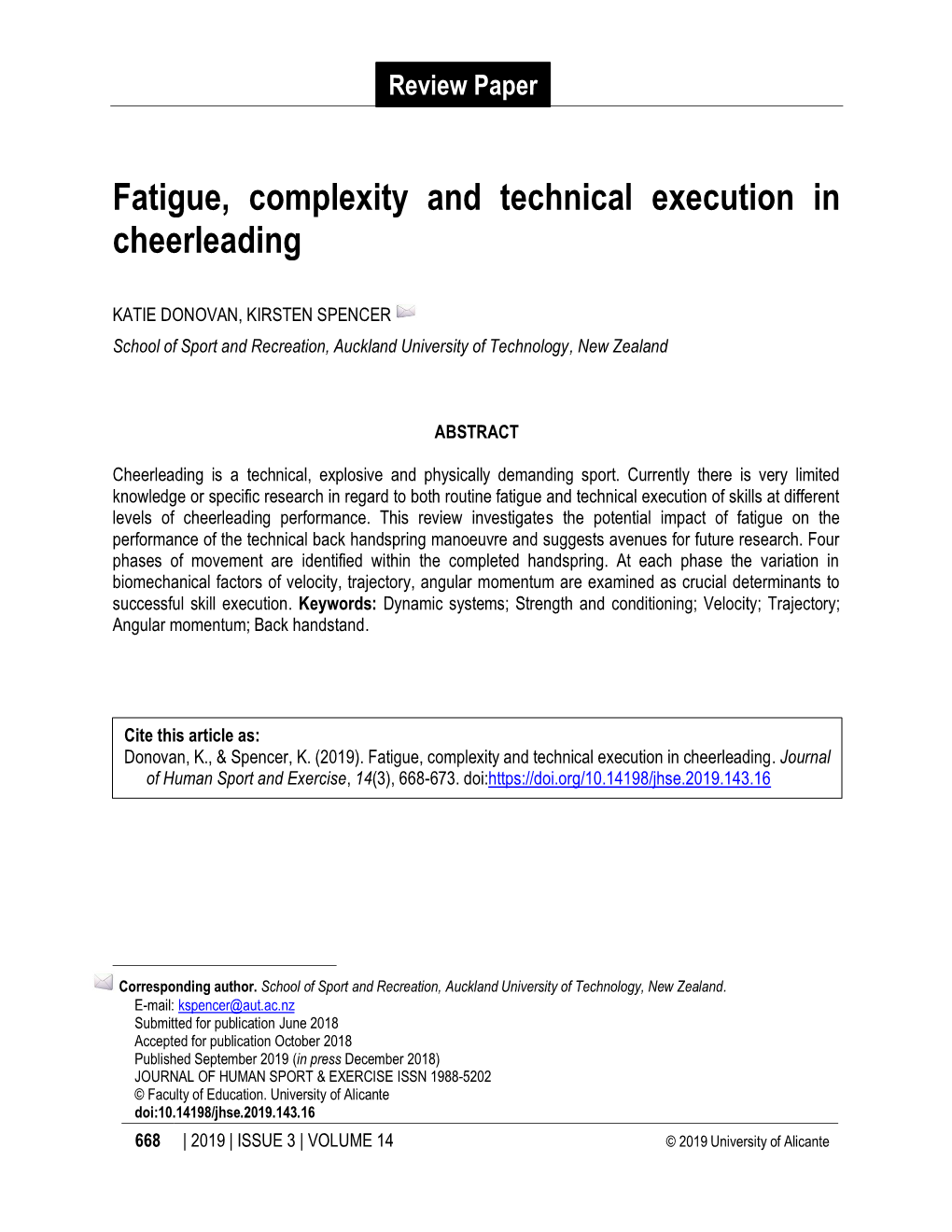 Fatigue, Complexity and Technical Execution in Cheerleading