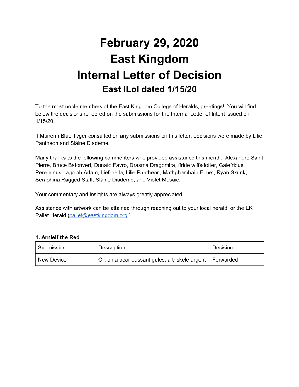 February 29, 2020 East Kingdom Internal Letter of Decision East Iloi Dated 1/15/20