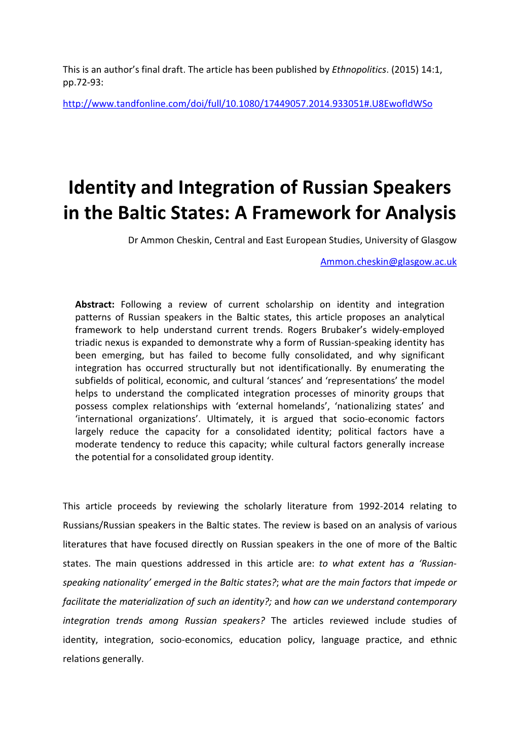 Identity and Integration of Russian Speakers in the Baltic States: a Framework for Analysis