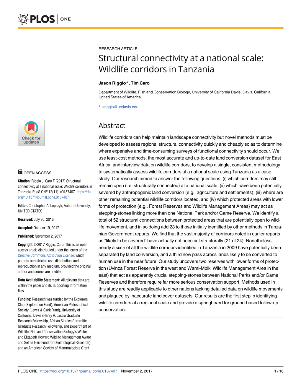 Structural Connectivity at a National Scale: Wildlife Corridors in Tanzania