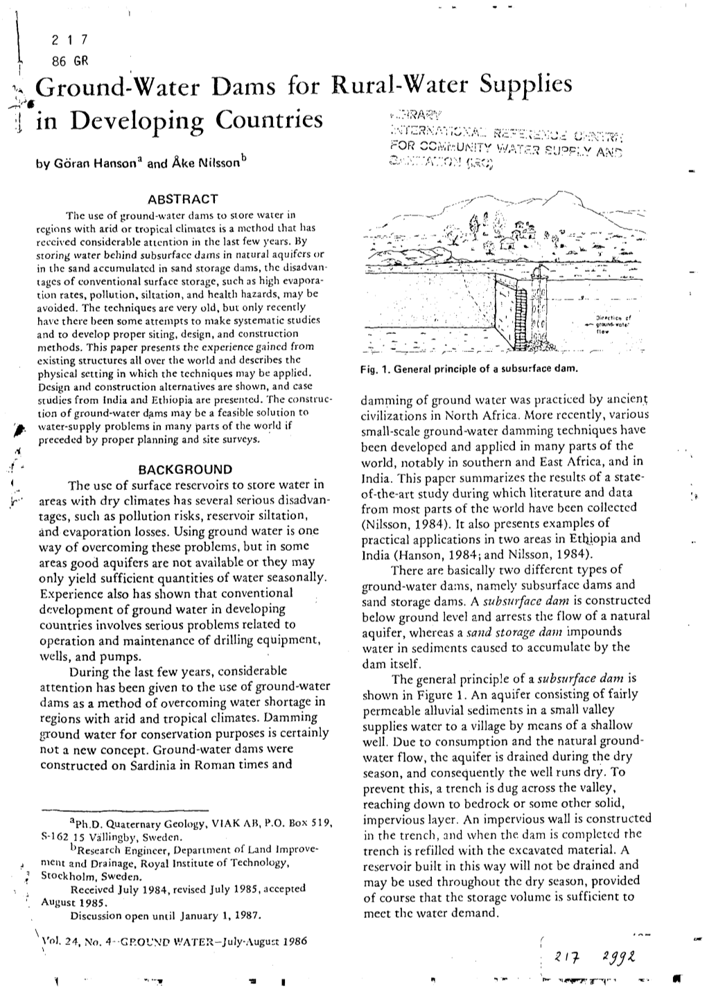 Ground-Water Dams for Rural-Water Supplies in Developing Countries -;™;