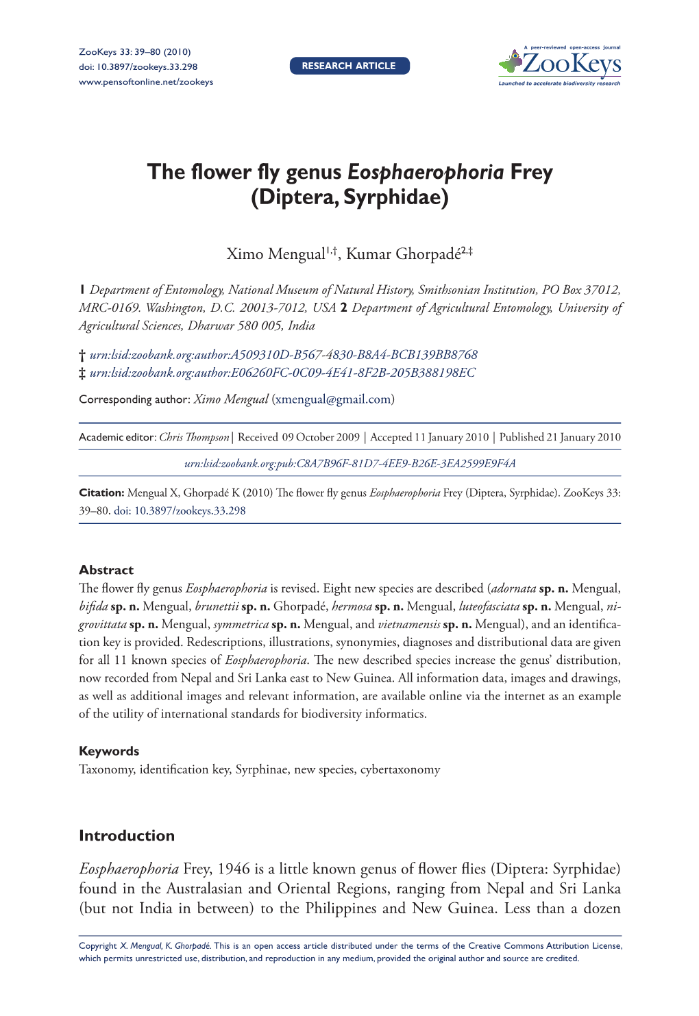 The Flower Fly Genus Eosphaerophoria Frey (Diptera, Syrphidae)