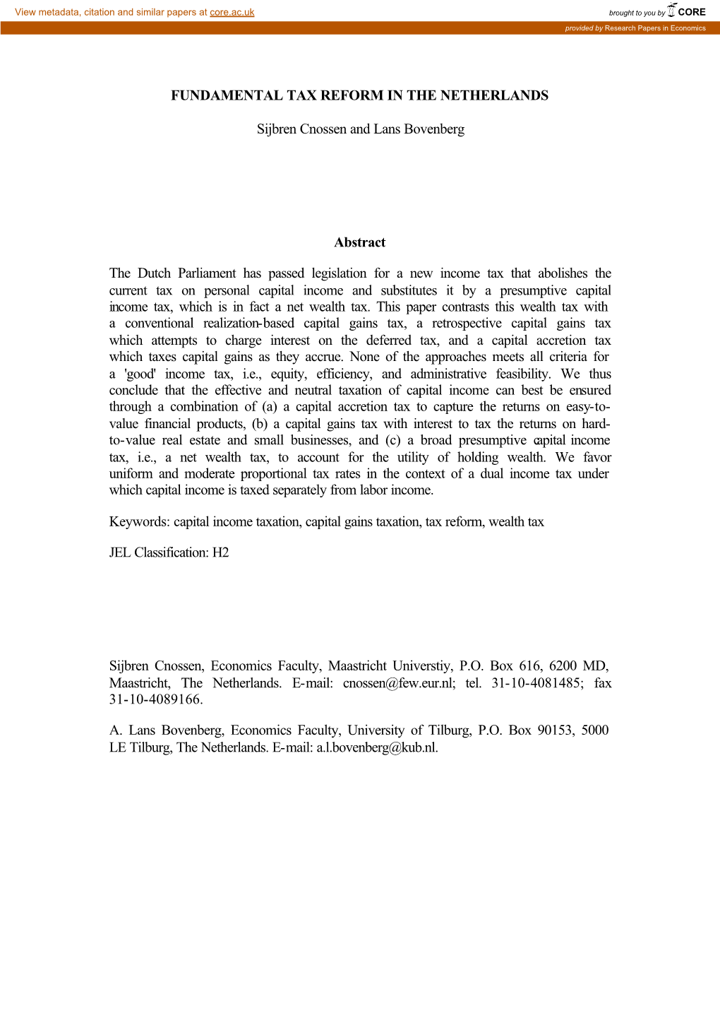 FUNDAMENTAL TAX REFORM in the NETHERLANDS Sijbren