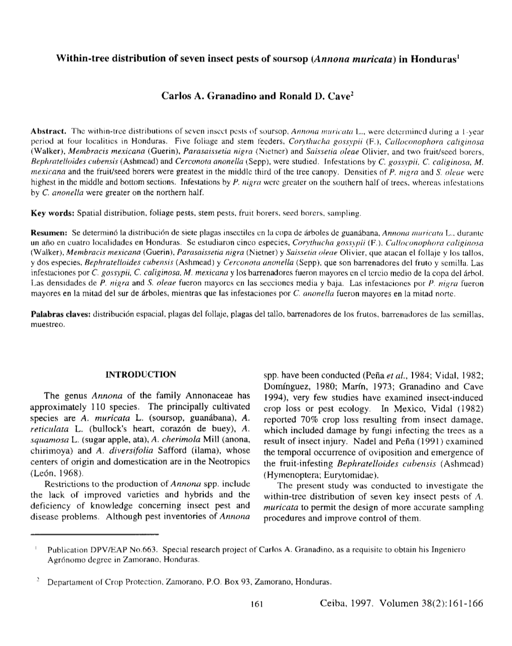 Within-Tree Distribution of Seven Inseet Pests of Soursop (Annona Muricata) in Hondurasl