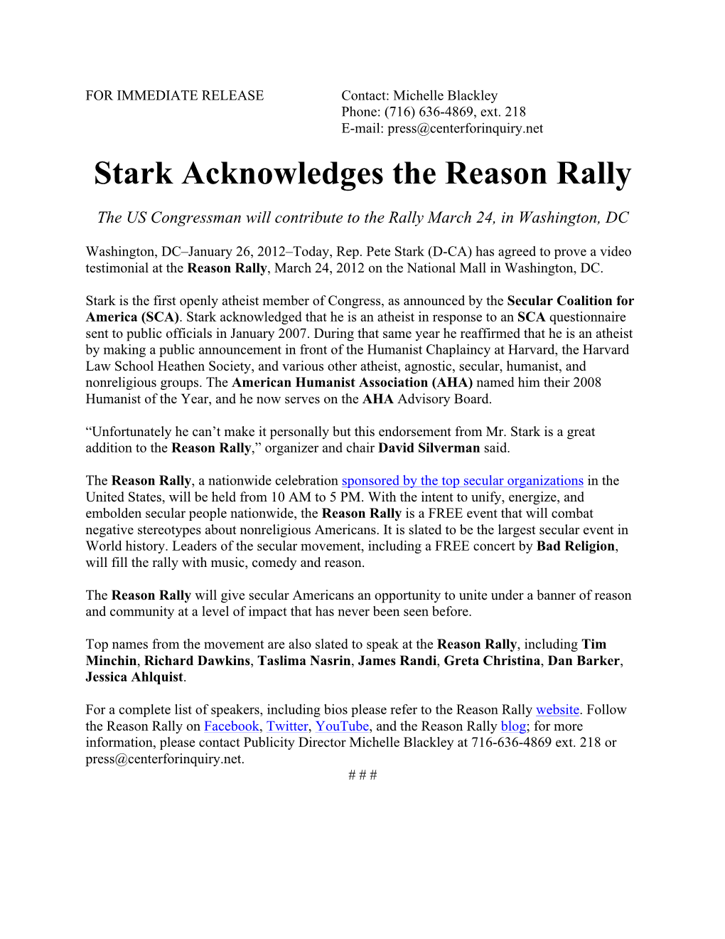 Congressman Pete Stark Acknowledges Reason Rally