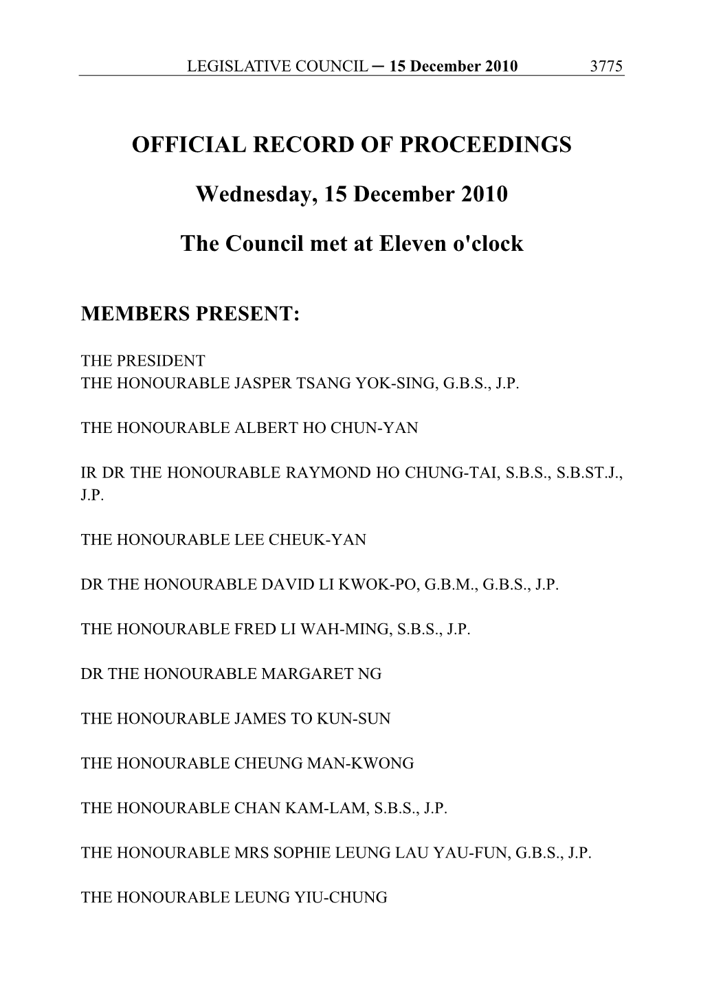 OFFICIAL RECORD of PROCEEDINGS Wednesday, 15