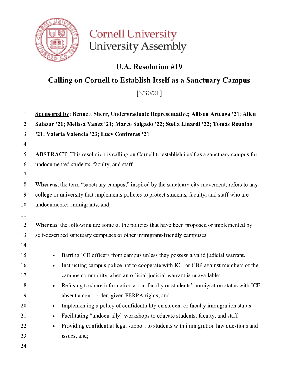 UA Resolution #19 Calling on Cornell to Establish Itself As a Sanctuary