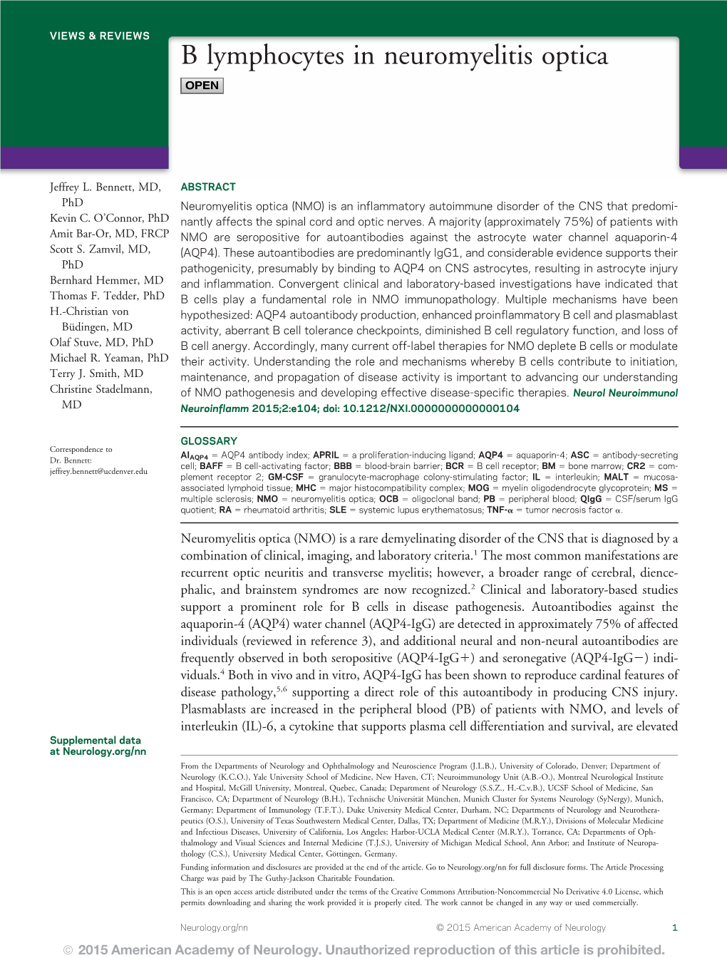 B Lymphocytes in Neuromyelitis Optica