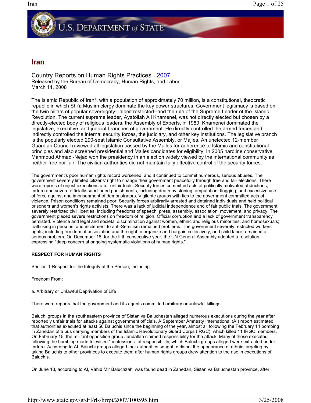 Country Reports on Human Rights Practices - 2007 Released by the Bureau of Democracy, Human Rights, and Labor March 11, 2008