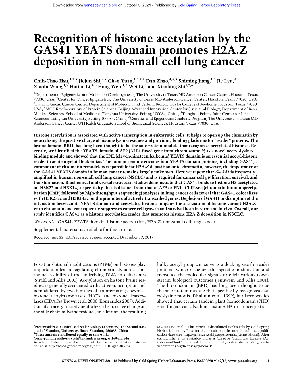 Recognition of Histone Acetylation by the GAS41 YEATS Domain Promotes H2A.Z Deposition in Non-Small Cell Lung Cancer