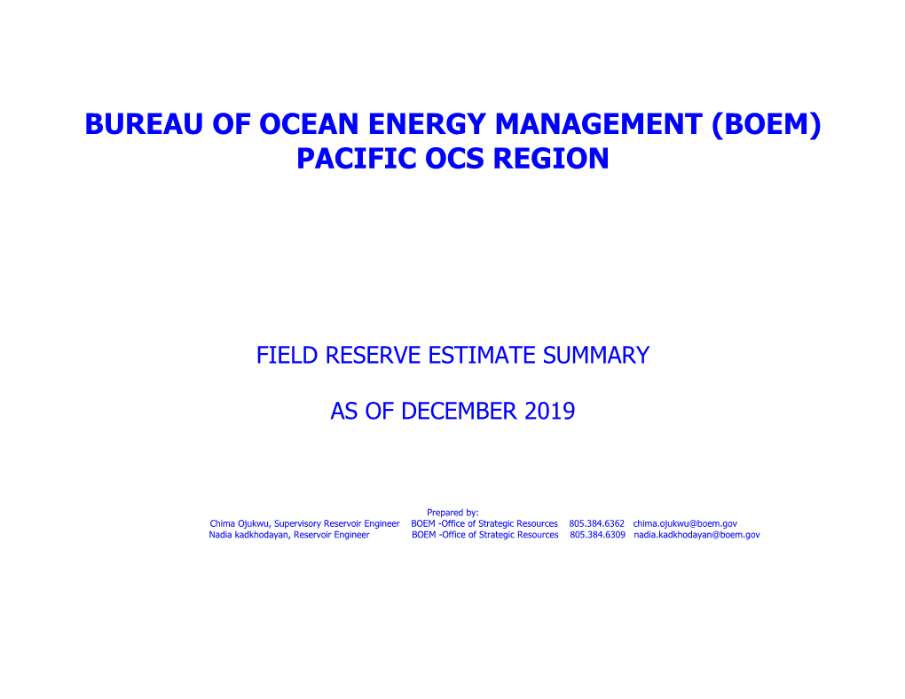 2019 Field Reserve Estimate Summary Report