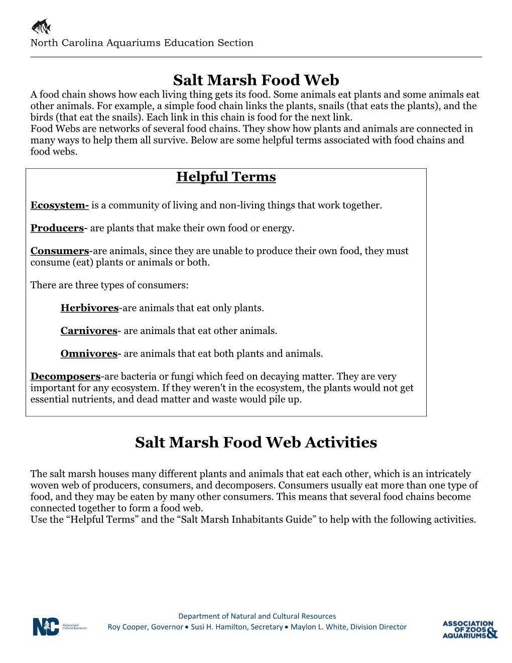 Salt Marsh Food Web a Food Chain Shows How Each Living Thing Gets Its Food