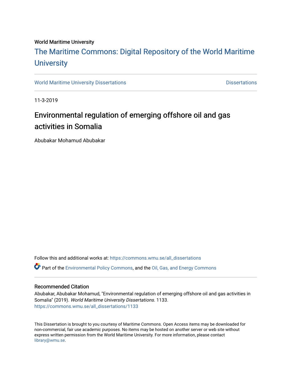 Environmental Regulation of Emerging Offshore Oil and Gas Activities in Somalia