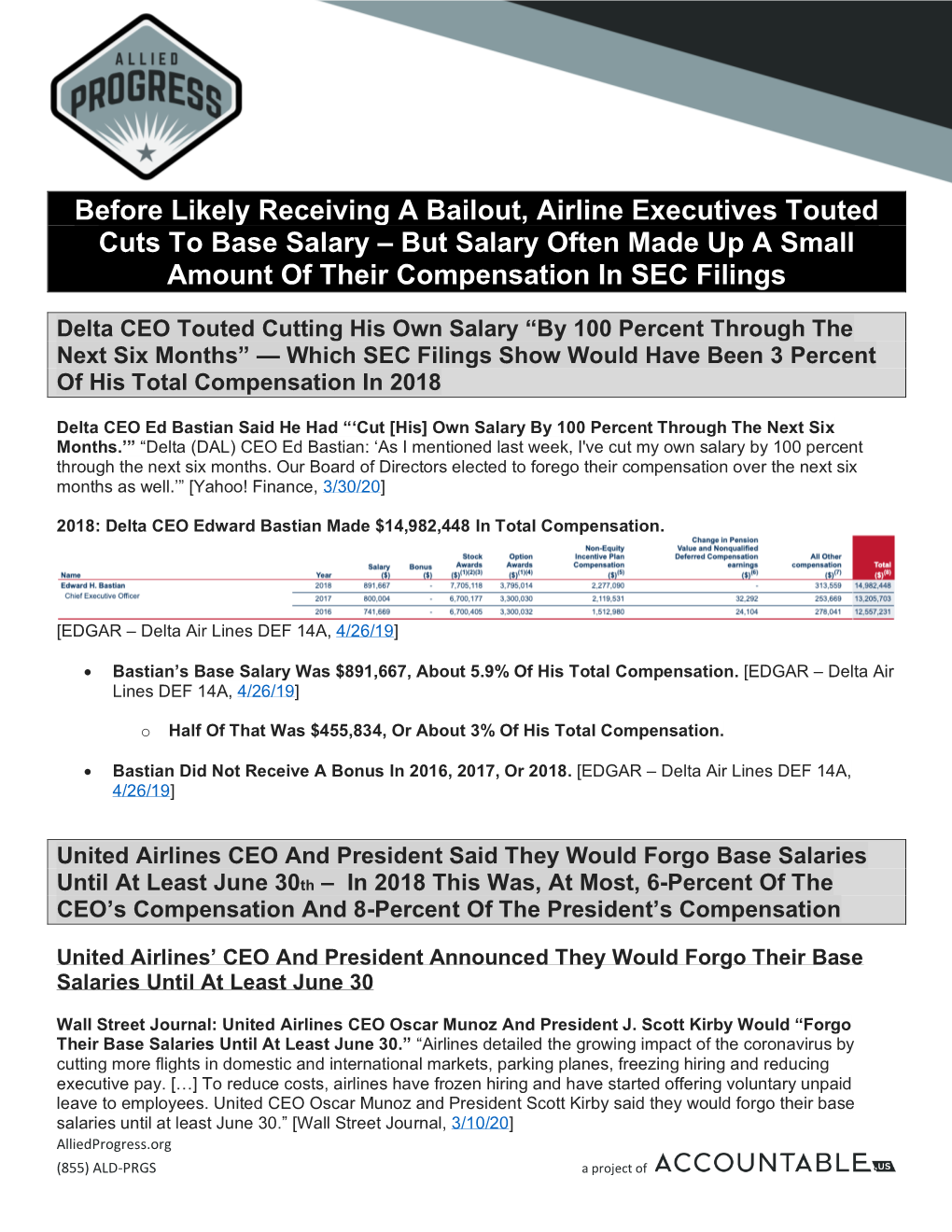 Before Likely Receiving a Bailout, Airline Executives Touted Cuts to Base Salary – but Salary Often Made up a Small Amount of Their Compensation in SEC Filings