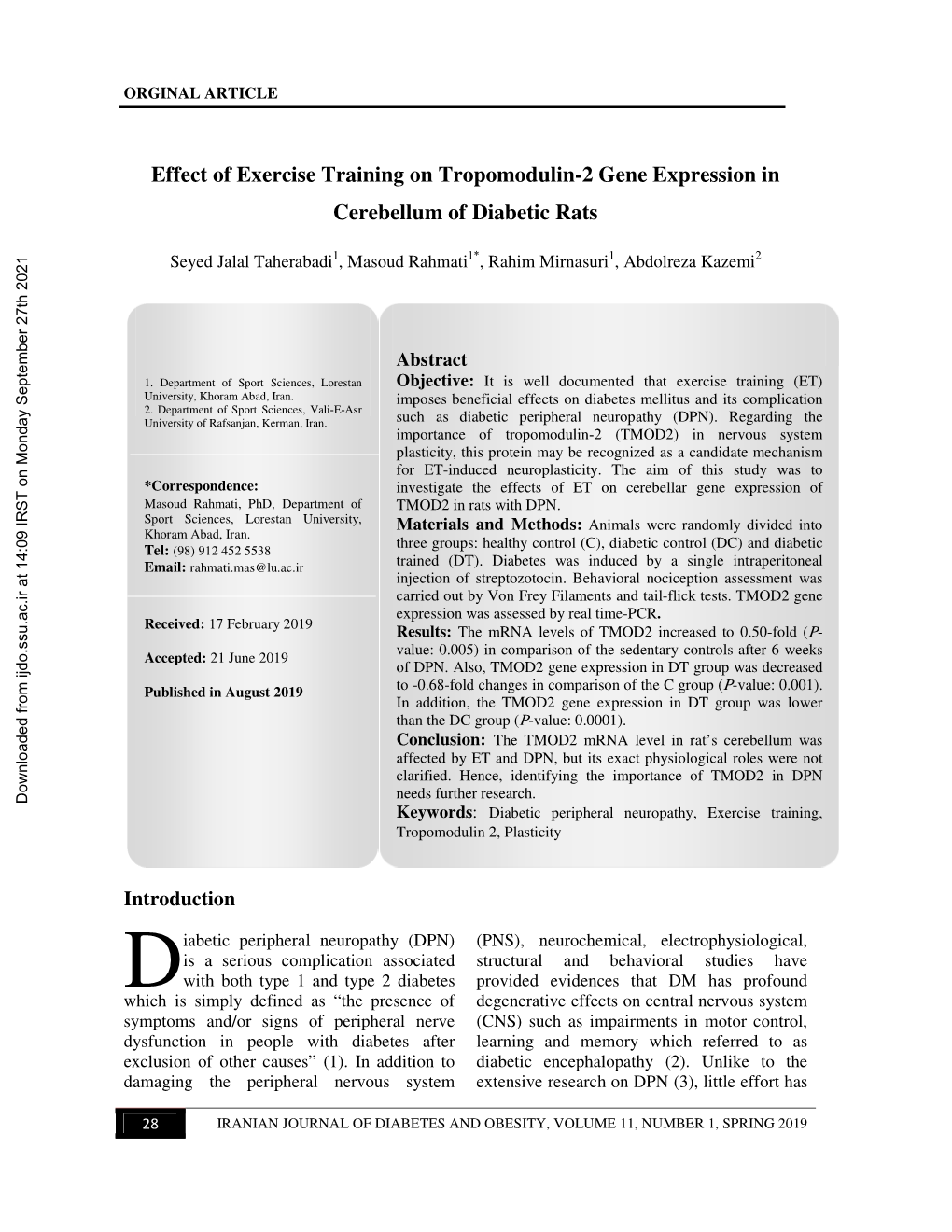 Effect of Exercise Training on Tropomodulin-2 Gene Expression in Cerebellum of Diabetic Rats