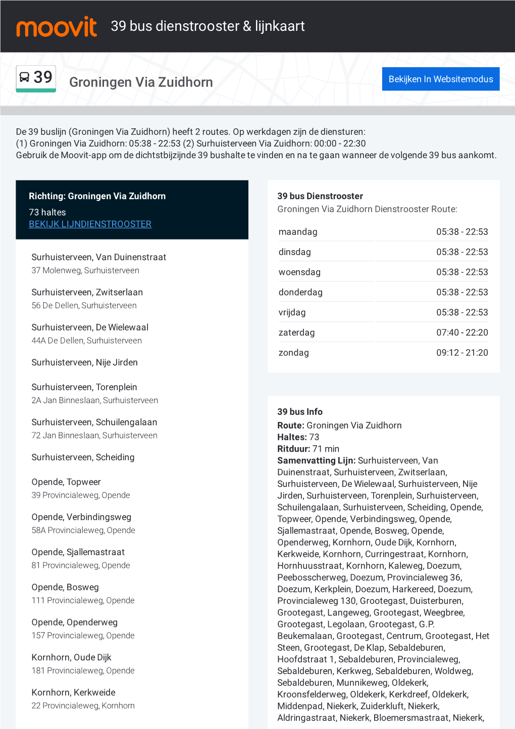 39 Bus Dienstrooster & Lijnroutekaart