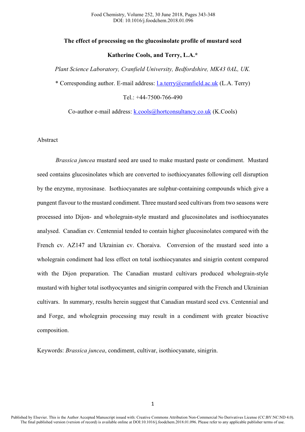 The Effect of Processing on the Glucosinolate Profile of Mustard Seed