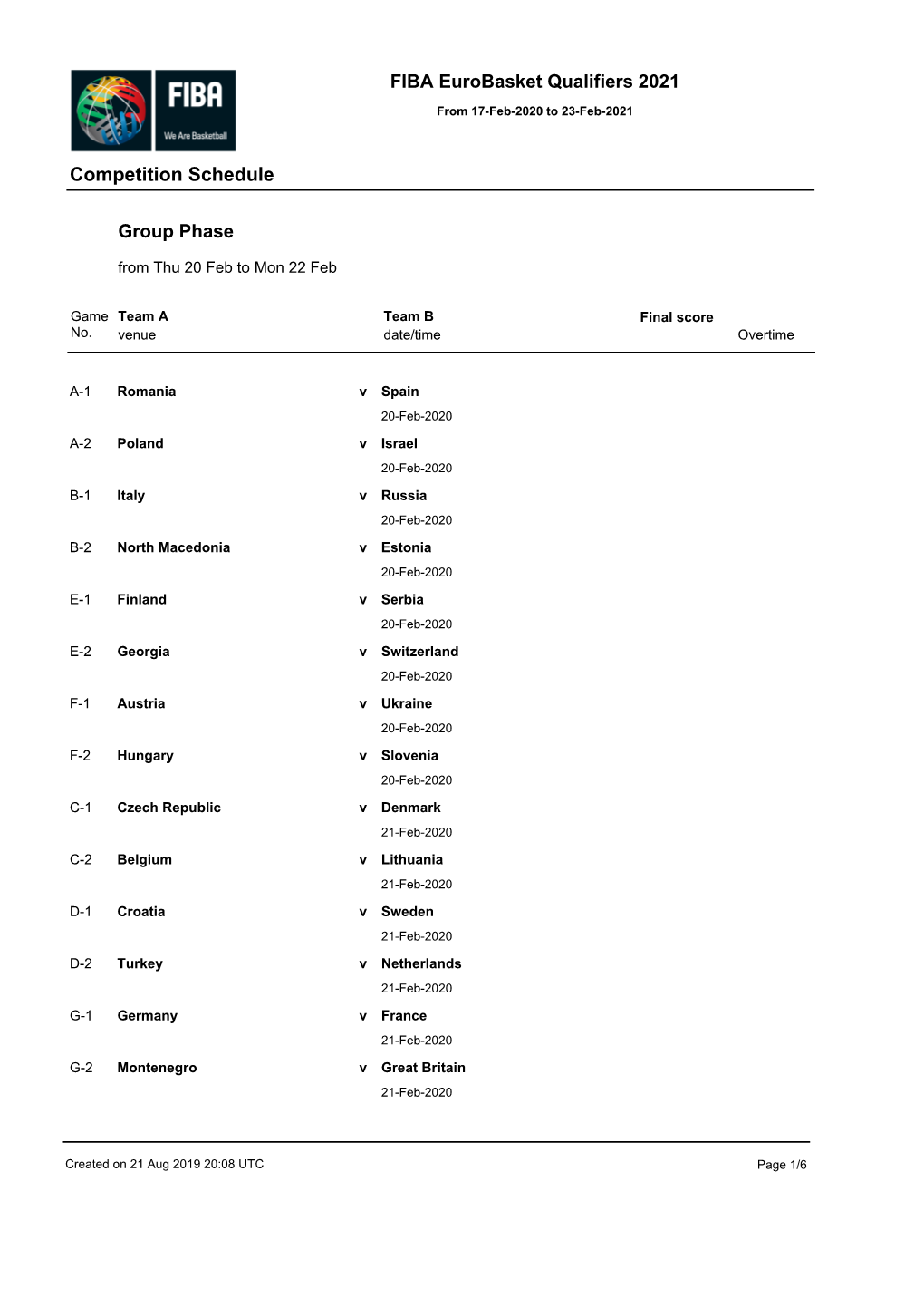 FIBA Eurobasket Qualifiers 2021 Competition Schedule Group Phase