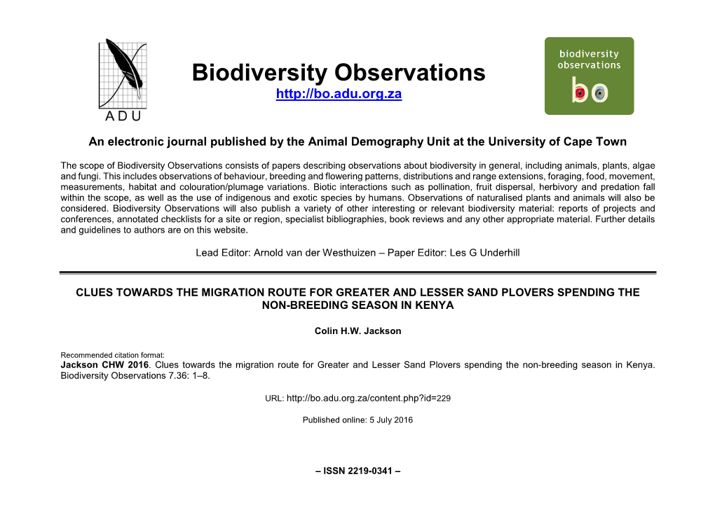 Migration Route for Greater and Lesser Sand Plovers Spending the Non-Breeding Season in Kenya