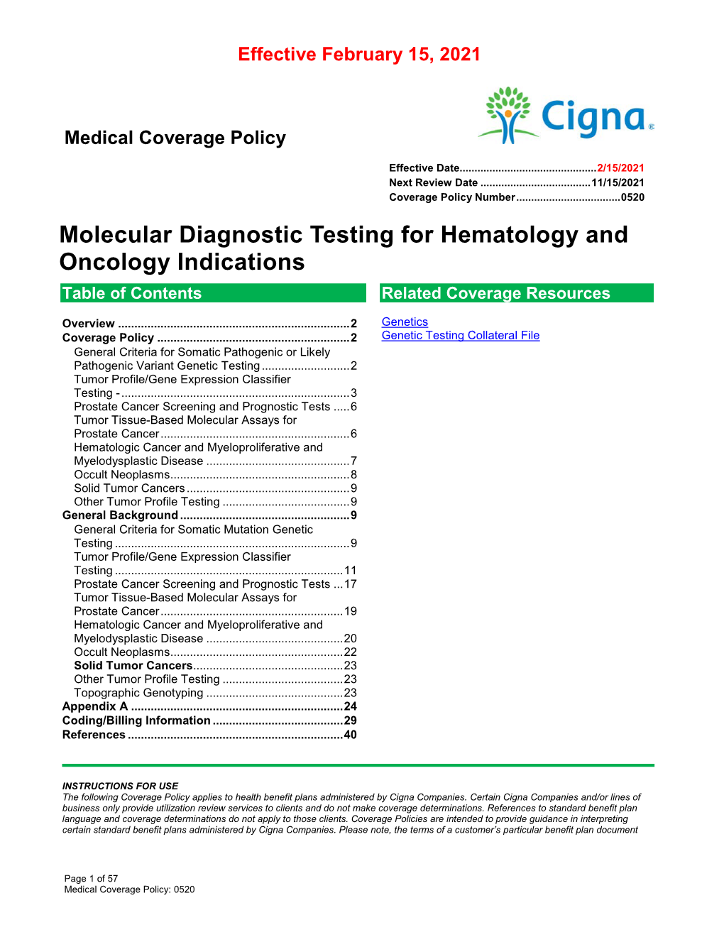 Molecular Diagnostic Testing for Hematology and Oncology Indications Table of Contents Related Coverage Resources