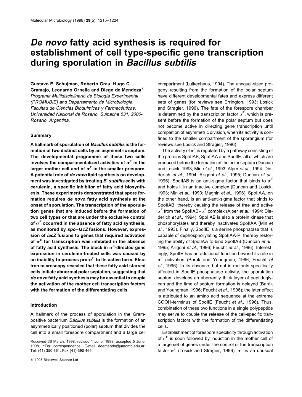 De Novo Fatty Acid Synthesis Is Required for Establishment of Cell Type-Specific Gene Transcription During Sporulation in Bacill