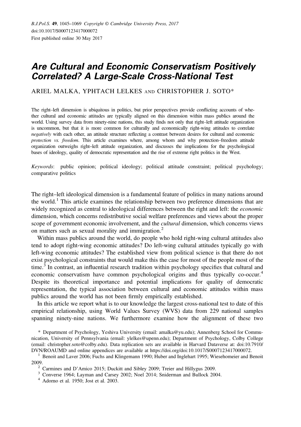 Are Cultural and Economic Conservatism Positively Correlated? a Large-Scale Cross-National Test