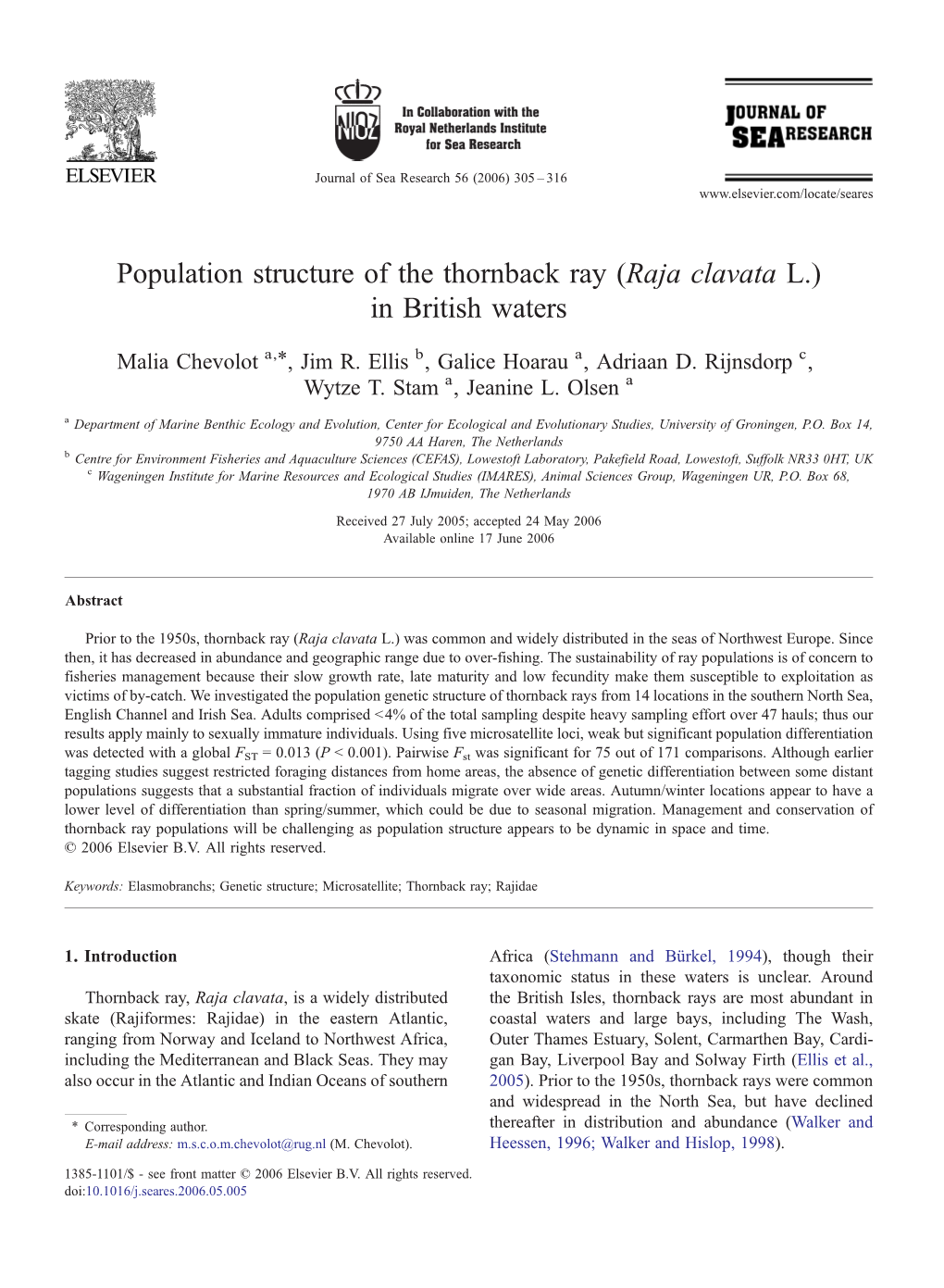 Population Structure of the Thornback Ray (Raja Clavata L.) in British Waters ⁎ Malia Chevolot A, , Jim R