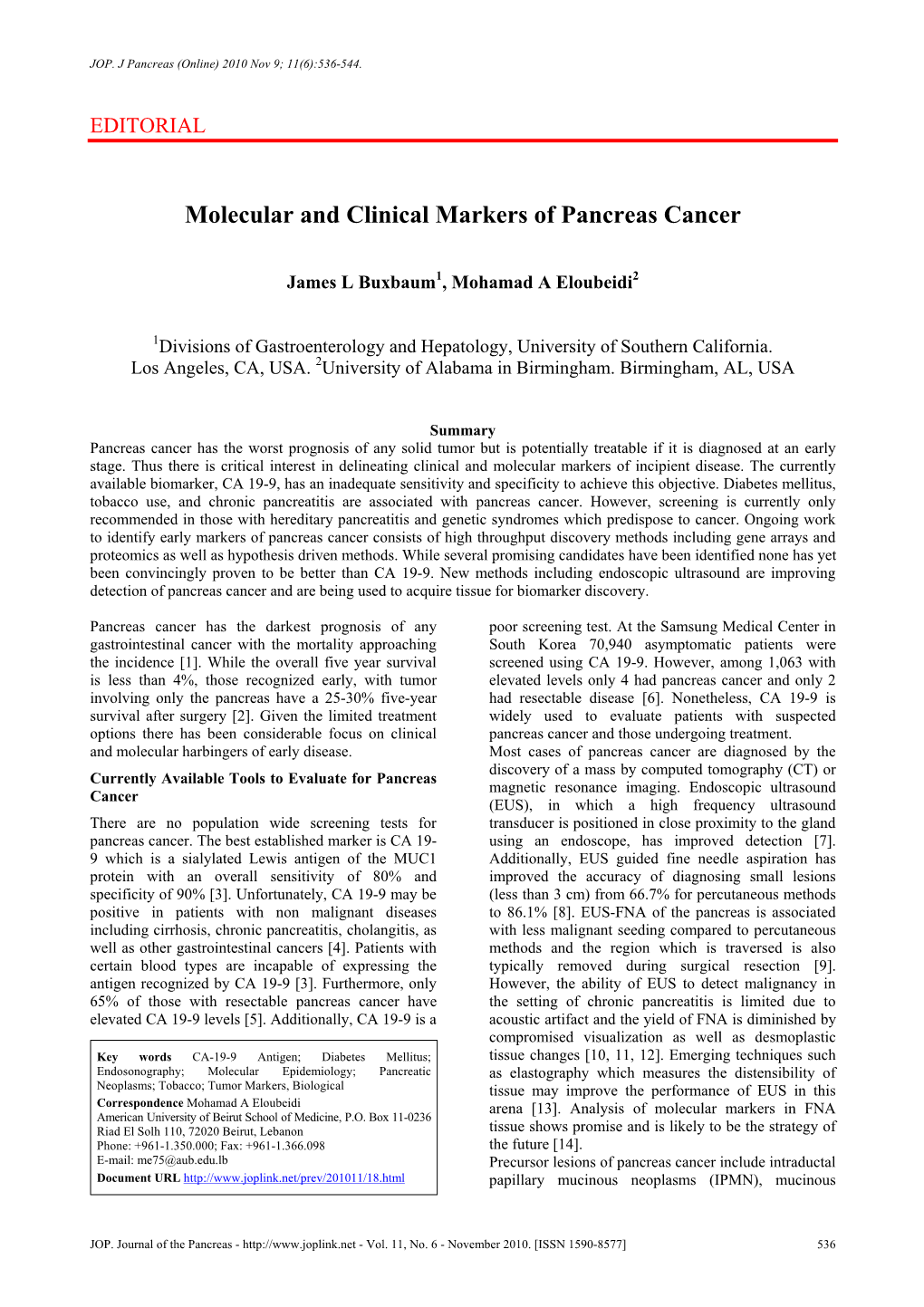 Molecular and Clinical Markers of Pancreas Cancer