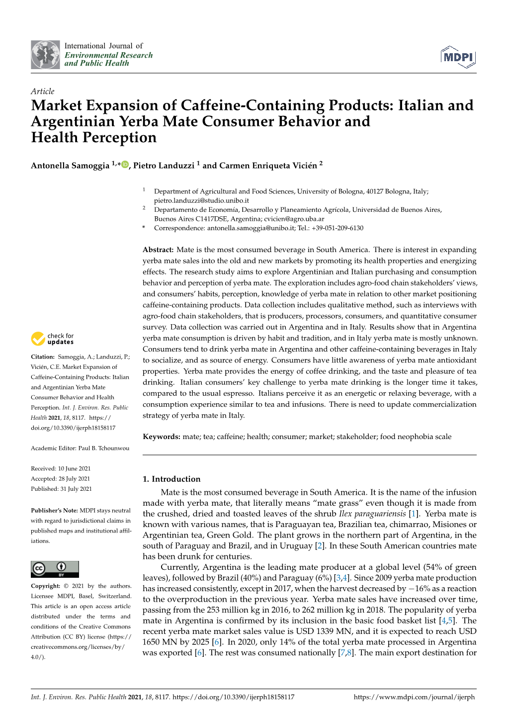 Italian and Argentinian Yerba Mate Consumer Behavior and Health Perception